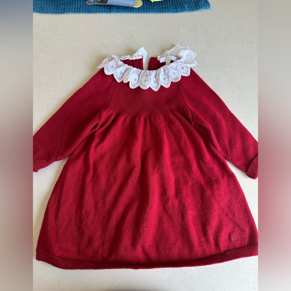 Chloe Red Dress with White Lace Collar Authentic